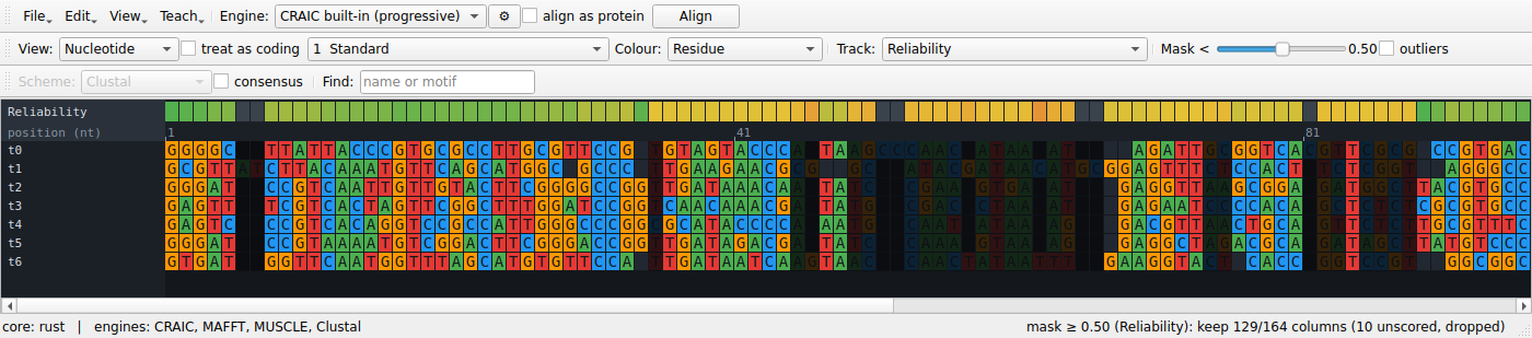 The CRAIC alignment viewer, nucleotide view with a reliability track