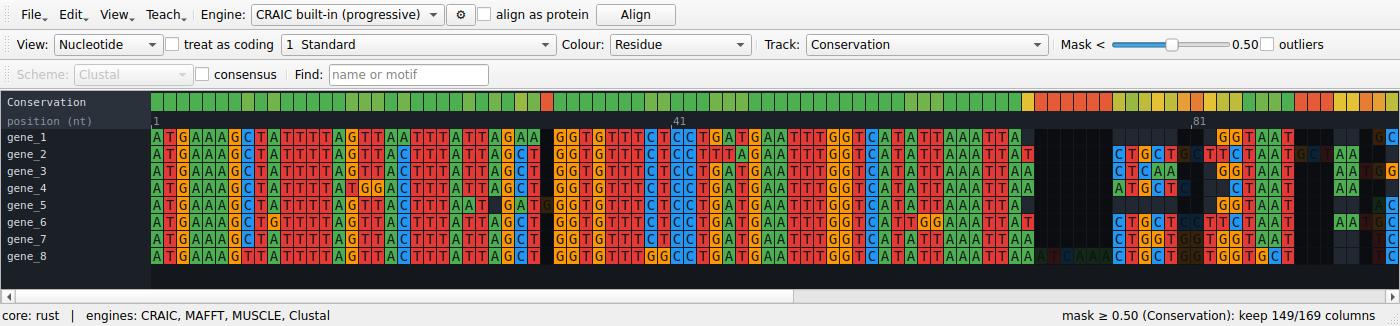 The aligned sequences, nucleotide view
